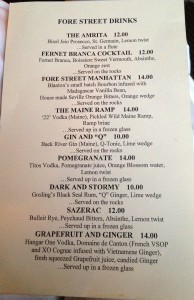 Fore Street's cocktail menu, including the ramp martini.