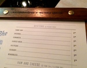 "Air Conditioned * Waitress Service" for the Grey's Diner Bar oyster menu. 